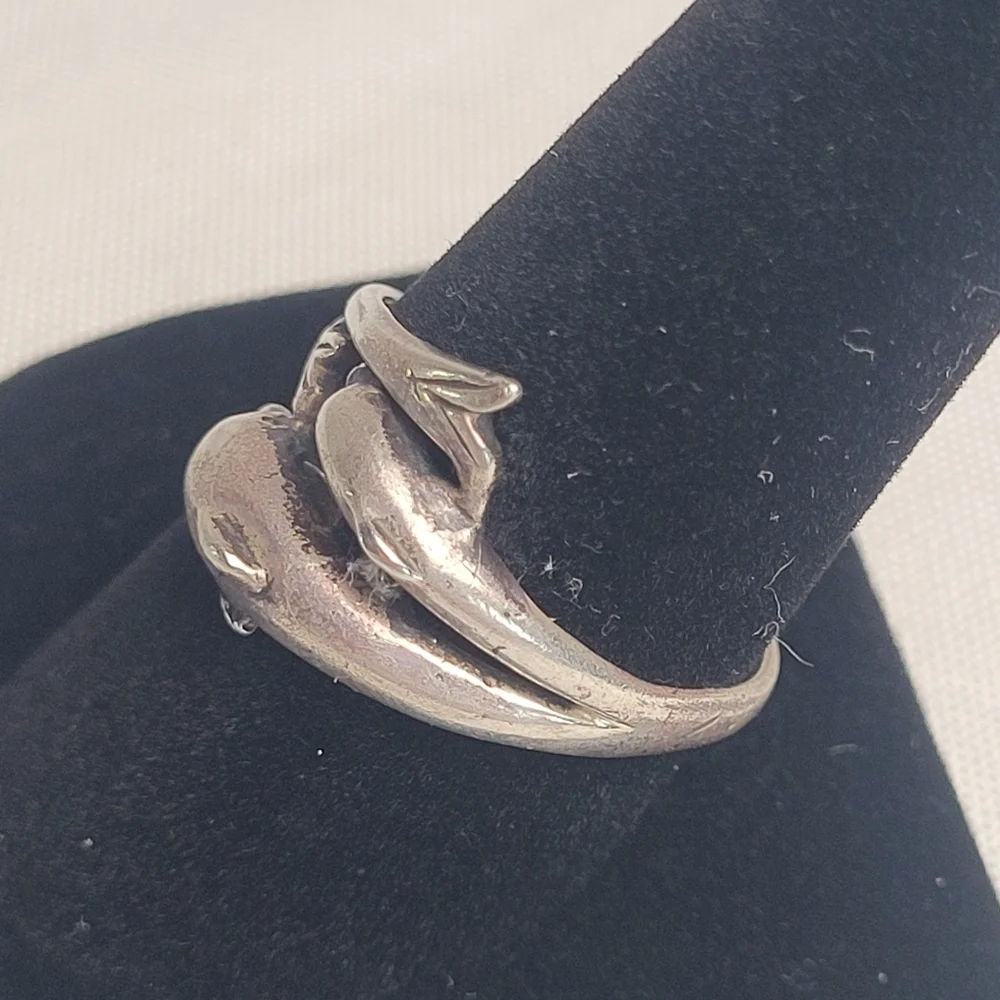 925 Sterling Silver Dolphin Wrap Ring - Women's Silver vintage